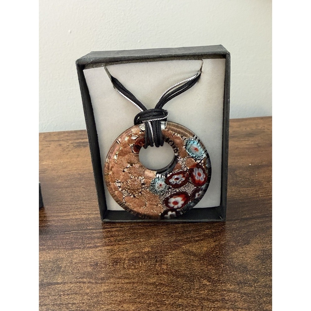Italian Murano Style Millefiori Glass Pendant Gold Aventurine Necklace 2"‎ - Picture 7 of 8